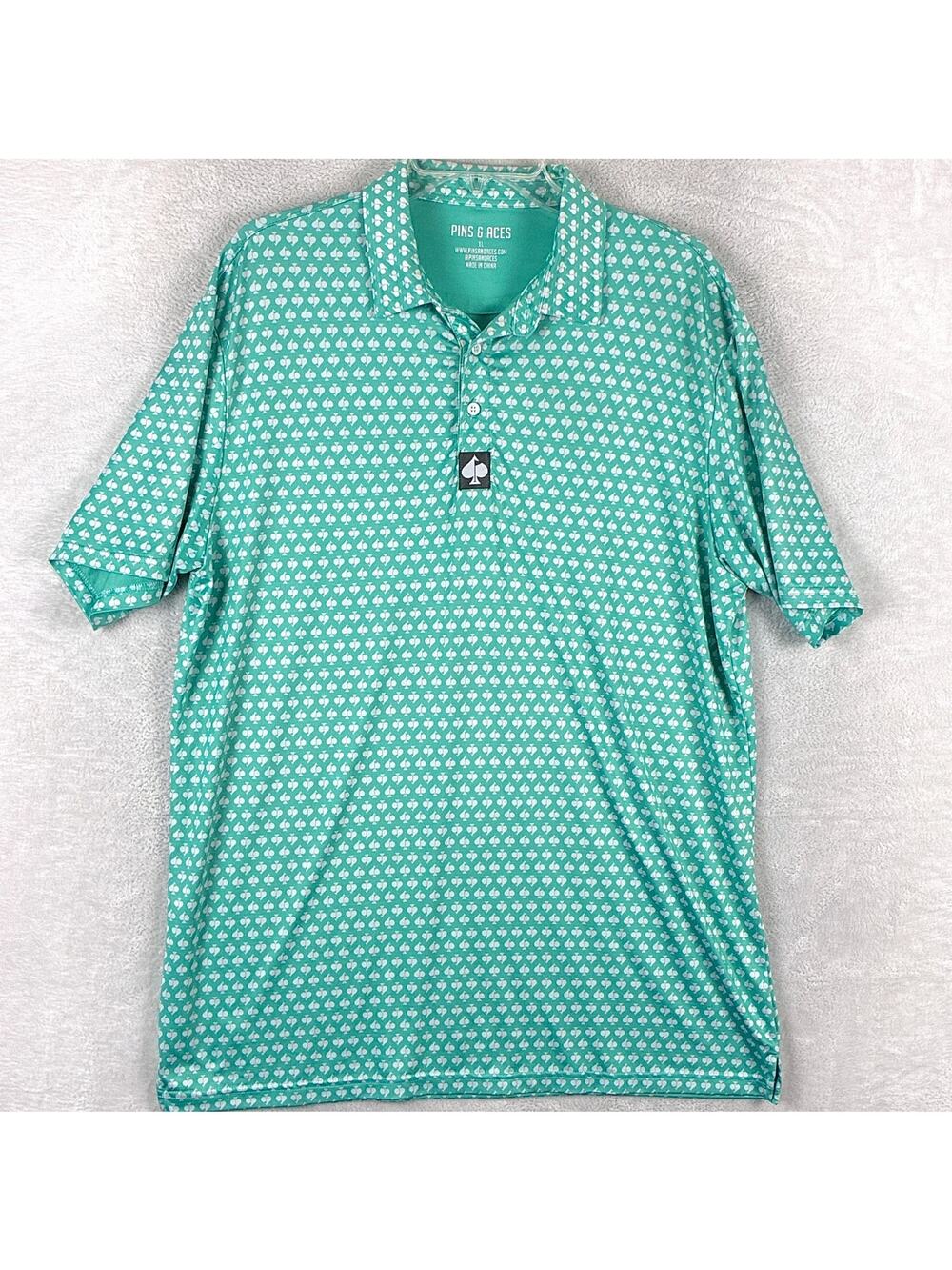 Pins & Aces Polo Shirt Men XL Green White Spade AOP Preppy Golf Performance